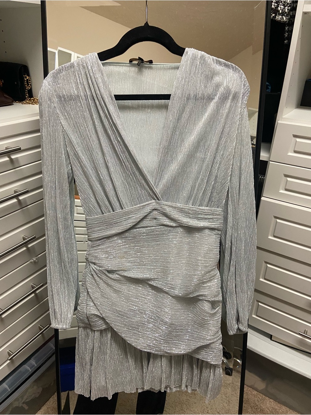 Maje Silver Metallic V-Neck Draped Long-Sleeve Tunic